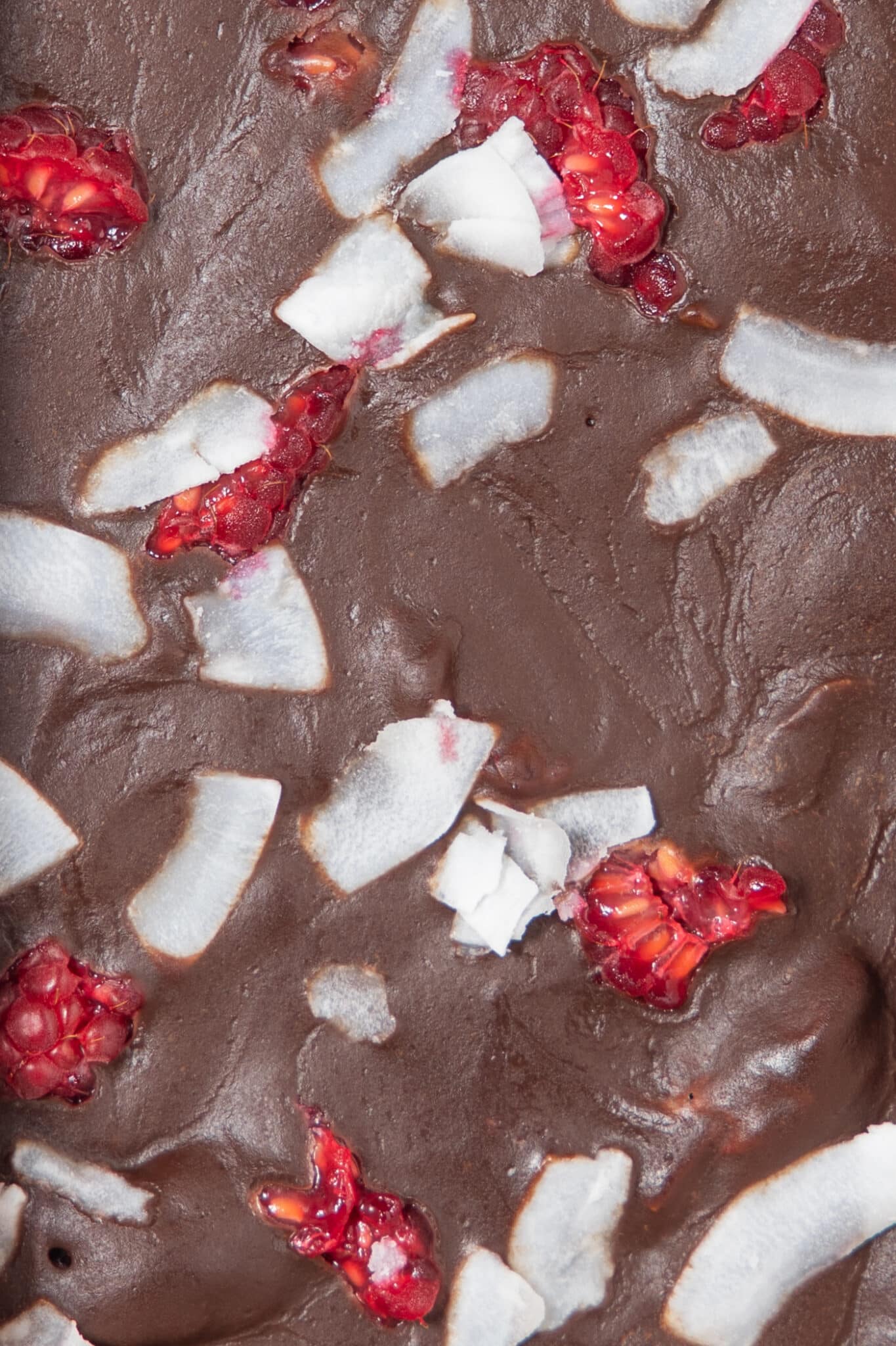 Raw chocolate with raspberries and coconut.