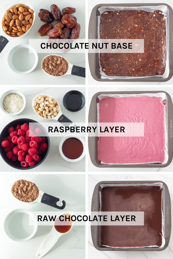 the ingredients needed and the steps involved in making the raw chocolateraspberry slice 