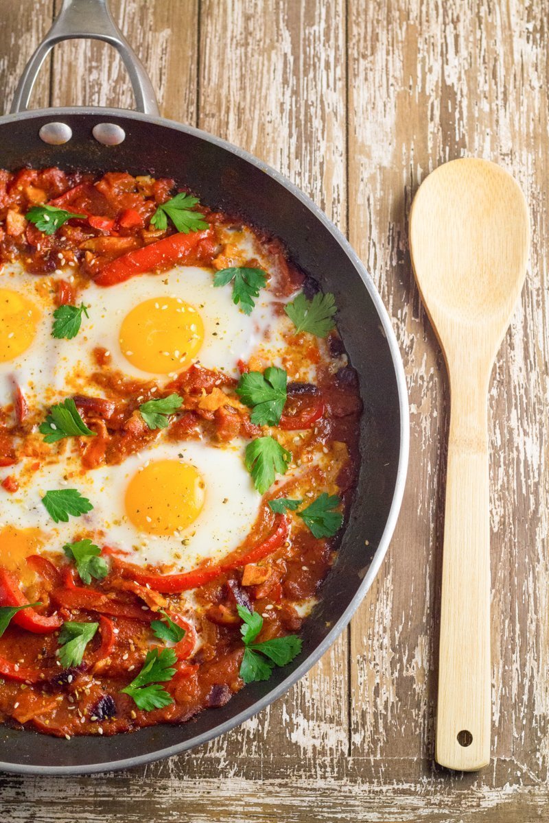 Saute pan with cooked shakshouka