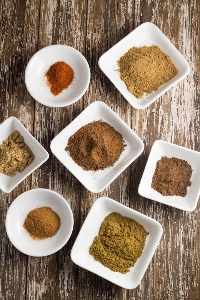 The spices needed to make moroccan spice blend - ground nutmeg, ground cumin, ground coriander, allspice, ground ginger, cayenne pepper, cinnamon powder.