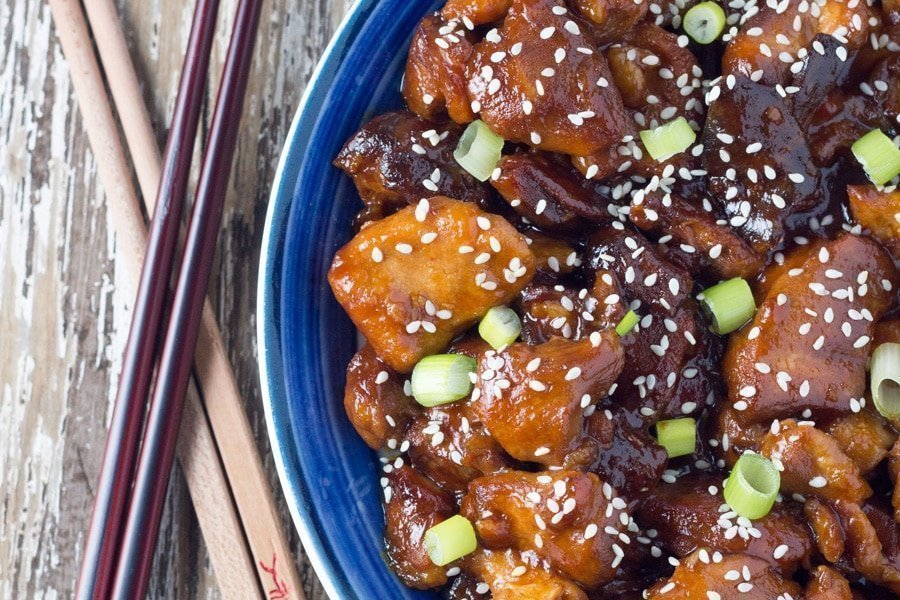 Honey chicken in a bowl.