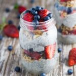 breakfast parfait in a mason jar topped with fresh berries