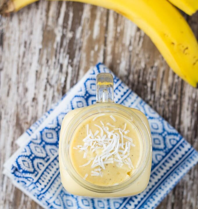 Coconut, Mango & Banana Smoothie. This smoothie is so creamy and delicious and best of all it is dairy and nut free.