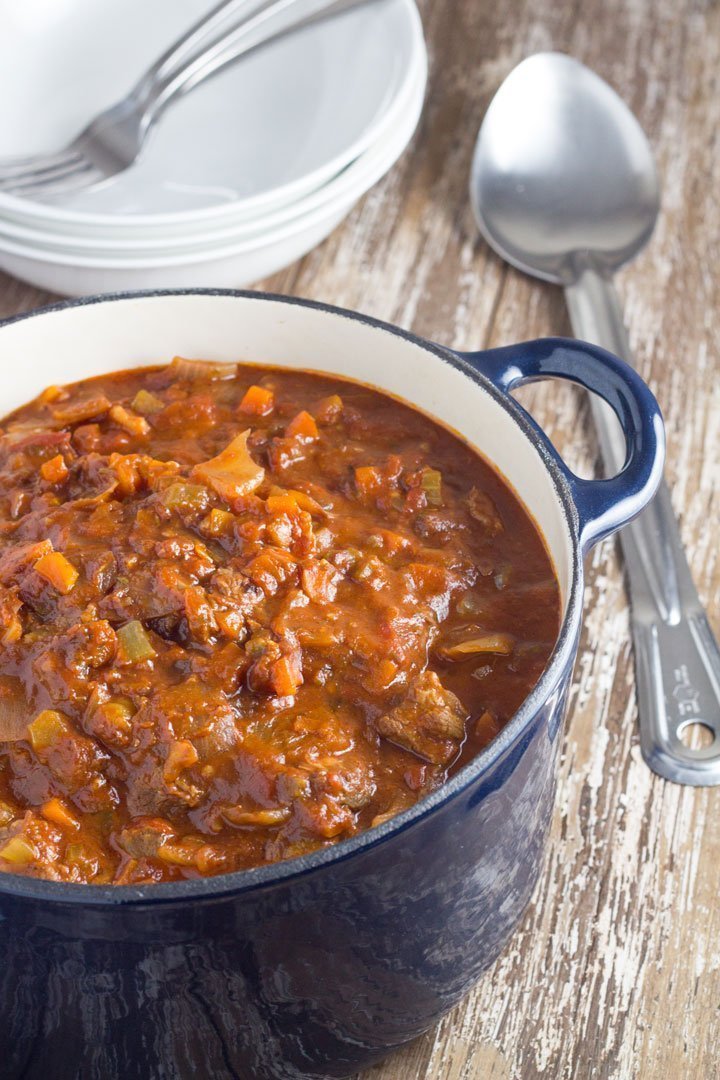 how the slow cooker beef ragu looks when it is ready to eat