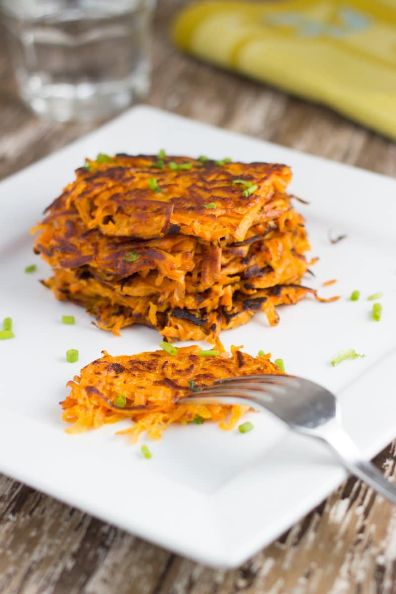 sweet potato rosti stacked on a plate