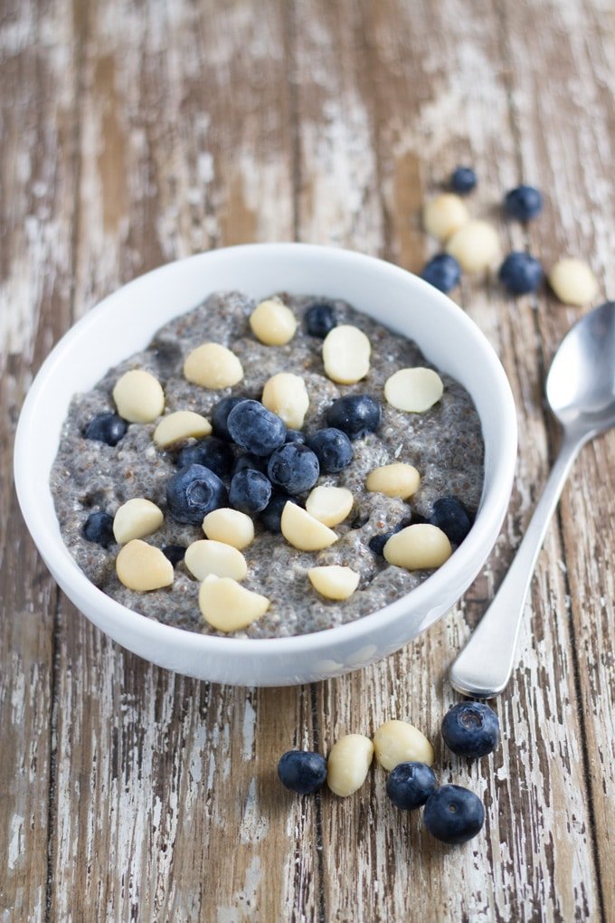 Blueberry & Macadamia Chia Pudding. It is super yummy and has become one of my favourite chia pudding combinations!