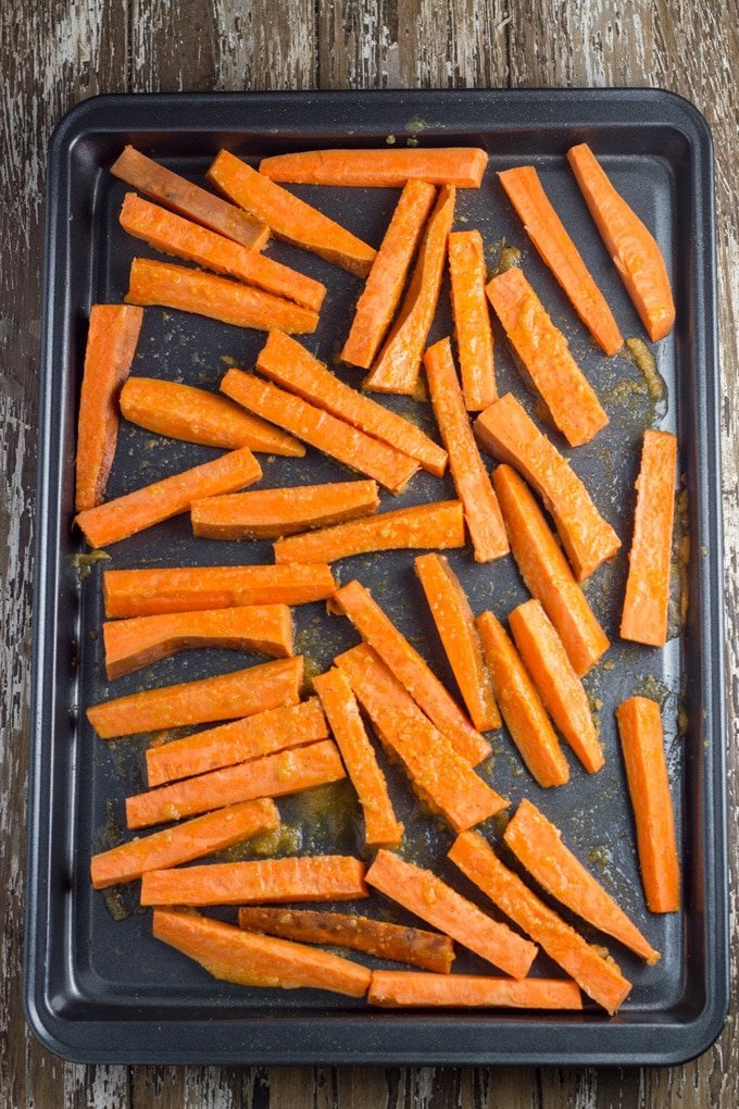 Baked Garlic Butter Sweet Potato Fries. These fries are so easy to make and they make a great side to so many meals or they are just as awesome on their own!