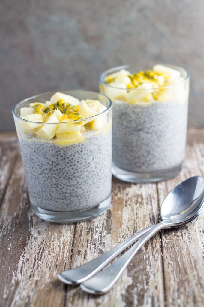 Tropical Chia Pudding. Delicious flavour combo that takes less than 5 minutes to prepare and then you leave them in the refrigerator overnight to gel. So simple hey! 
