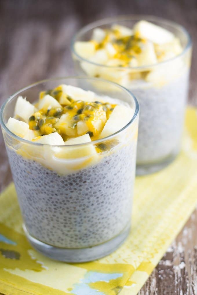 Tropical chia pudding in two glasses.