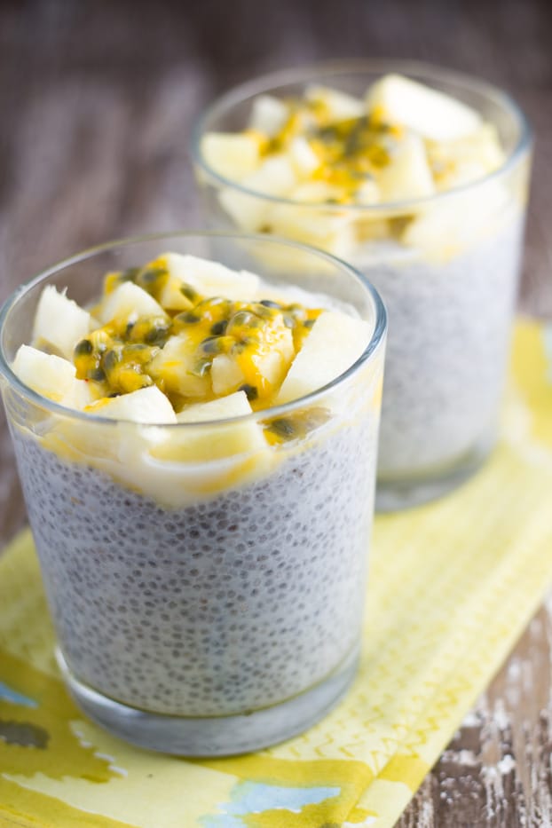 Tropical Chia Pudding. Delicious flavour combo that takes less than 5 minutes to prepare and then you leave them in the refrigerator overnight to gel. So simple hey!