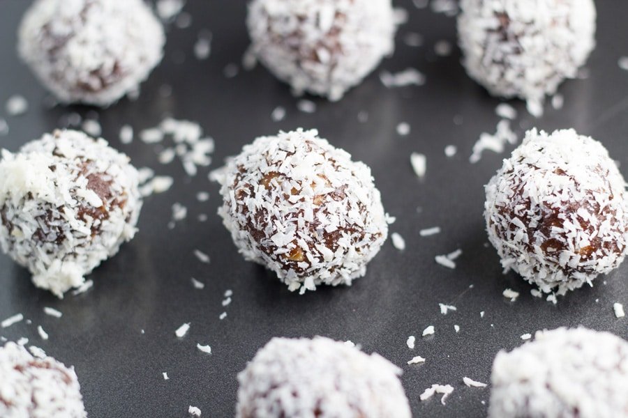 bliss balls on a tray.