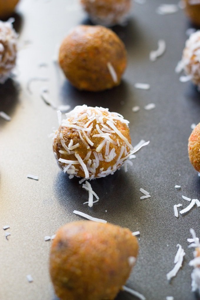 No Bake Carrot Cake Balls on a baking tray