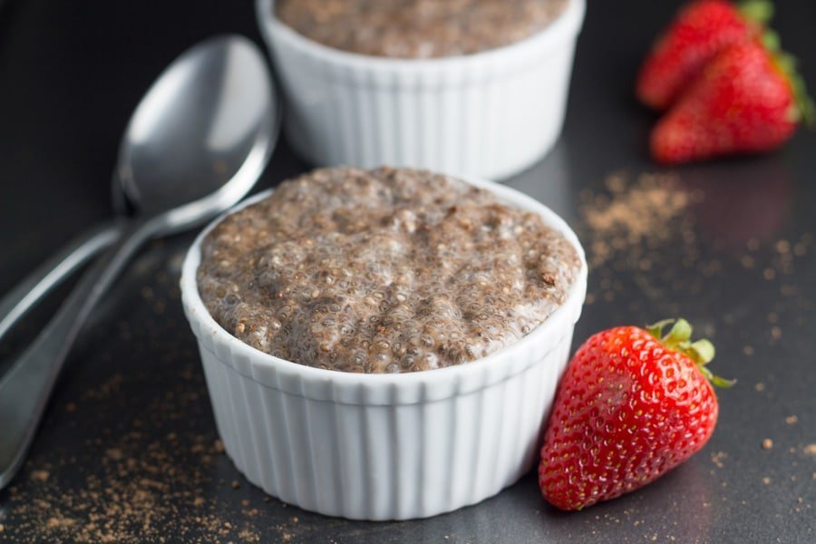 Chocolate chia puddings ready to eat.