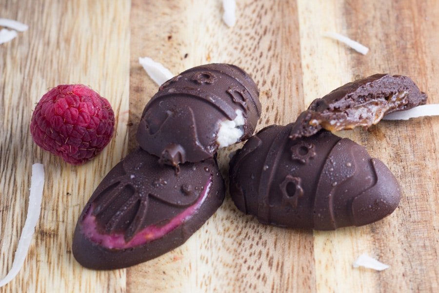 Chocolates on a board.