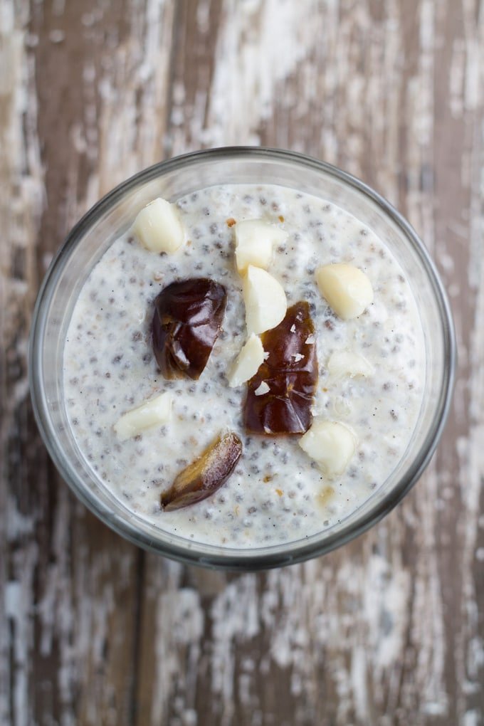 Caramel Chia Pudding with some dates and macadamias on top