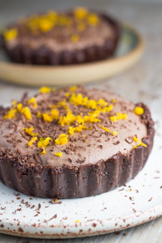 Gluten Free chocolate tart on a plate with one in the background.