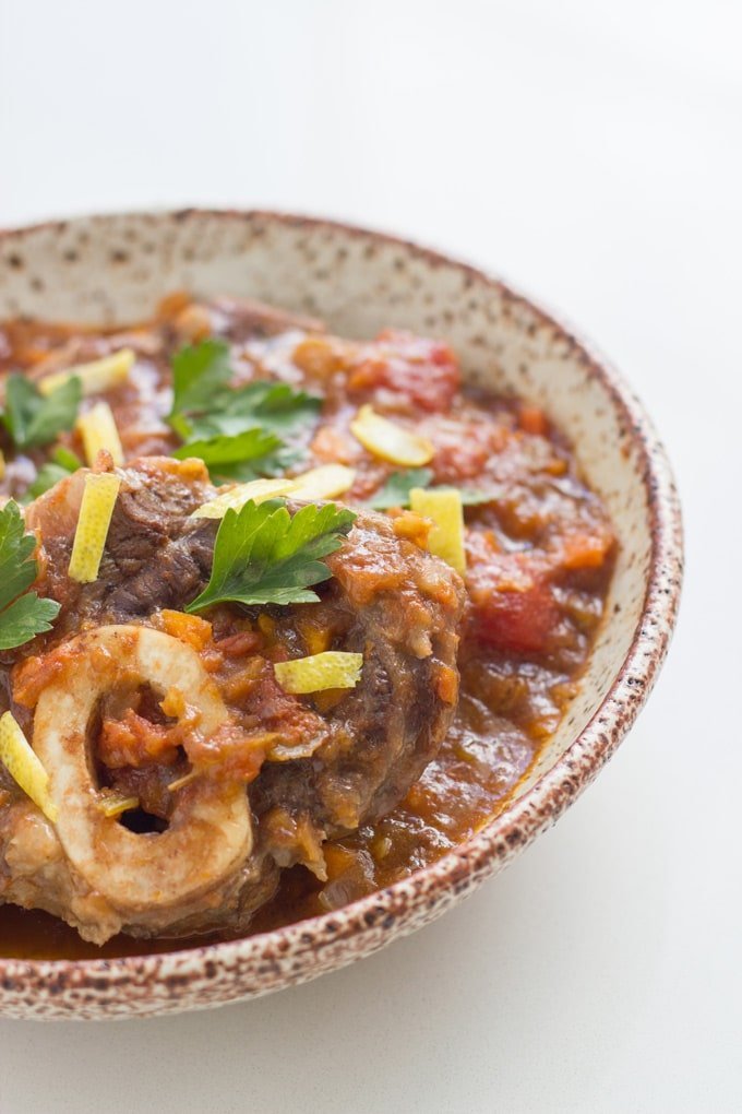 Bowl of cooked osso buco