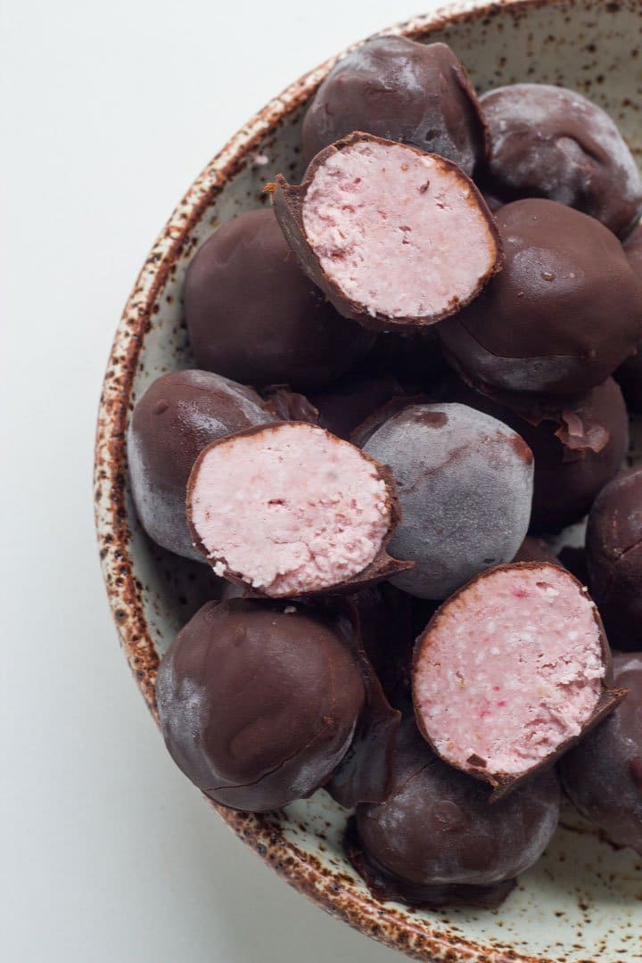 Strawberry Cream Truffles in a bowl.