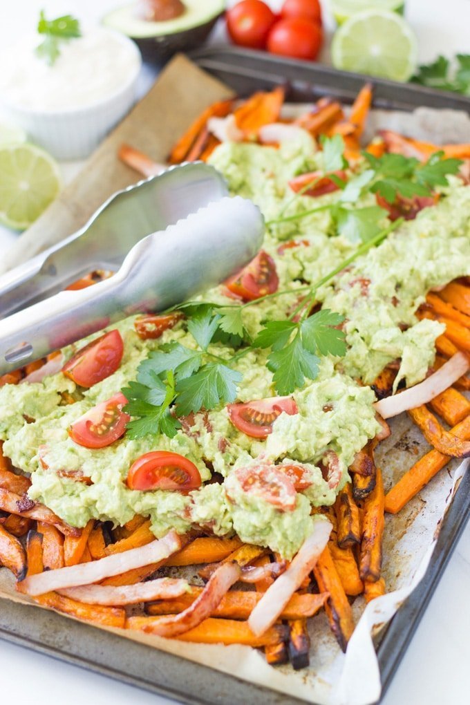 Tray of loaded sweet potato fries.