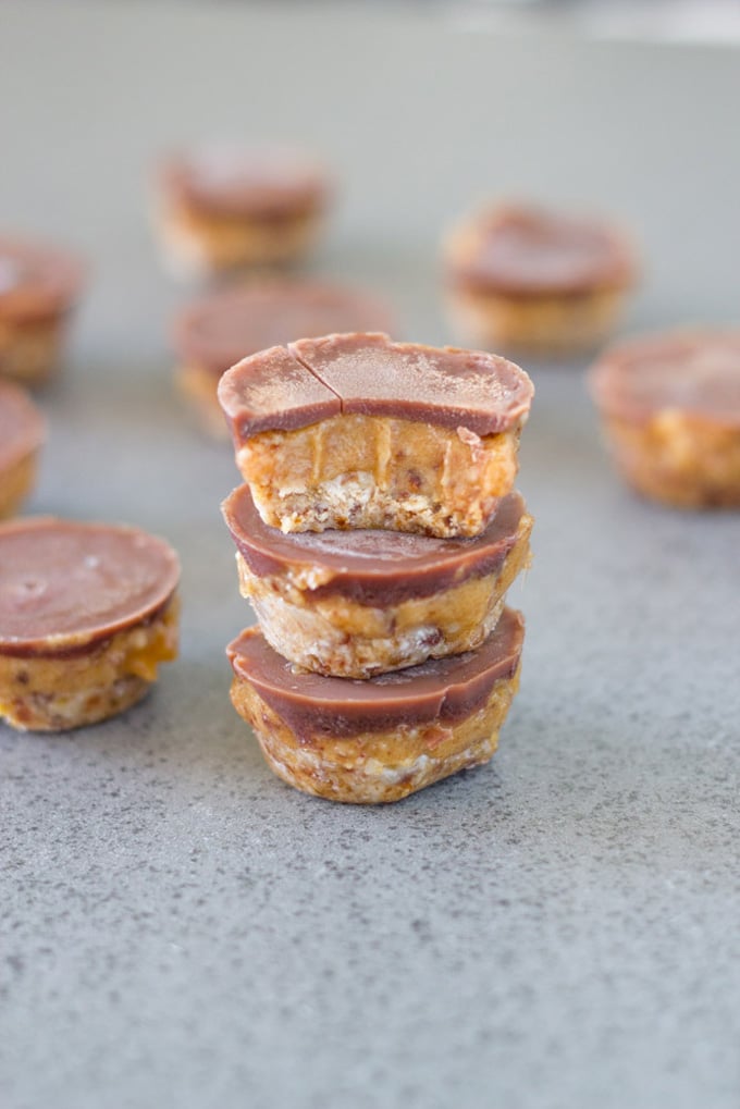 Stack of the chocolate caramel treats ready to eat