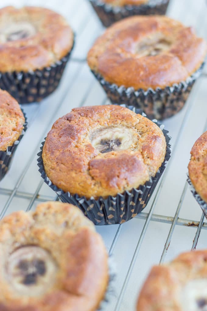 Banana bread muffins on cooling tray.