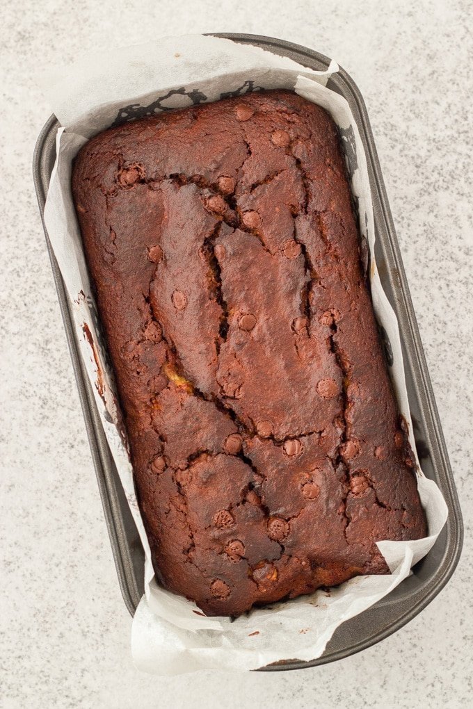 Choc banana bread in the loaf pan just out of the oven.