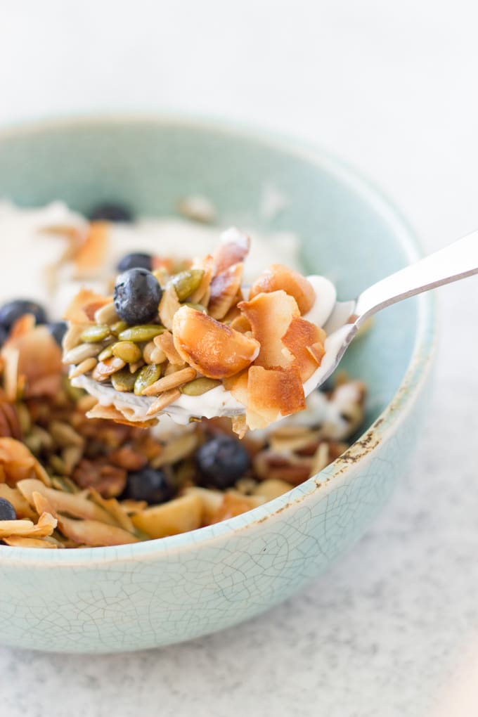 This simple grain free Granola is made only with nuts and seeds and infused with essential oils. It is such an easy recipe low-carb to make and you can enjoy it for breakfast or as a snack