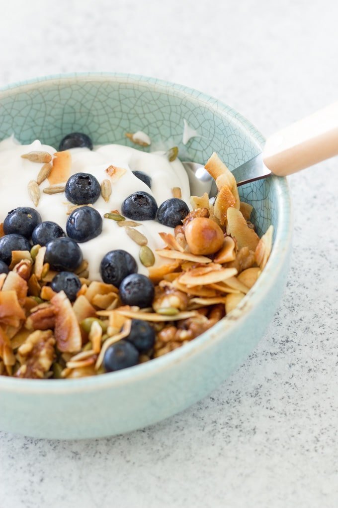 This simple grain free Granola is made only with nuts and seeds and infused with essential oils. It is such an easy recipe low-carb to make and you can enjoy it for breakfast or as a snack.