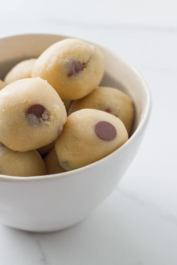Bowl of cookie dough balls.