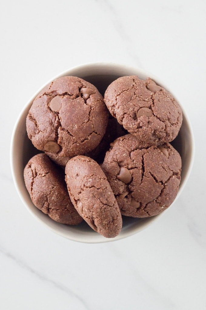 bowl of gluten free double chocolate cookies