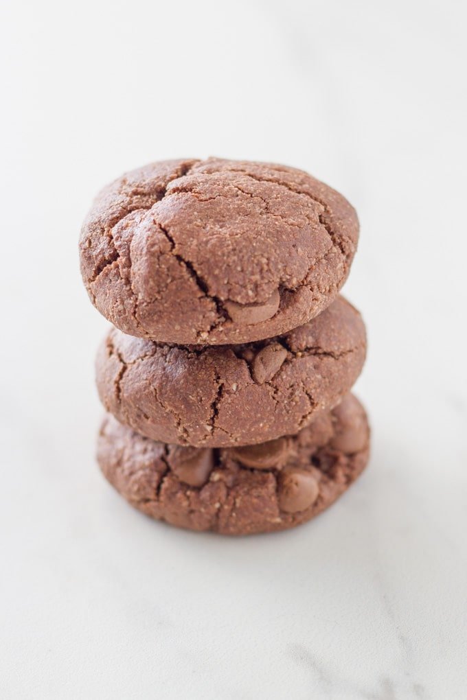 stack of three gluten free double chocolate cookies