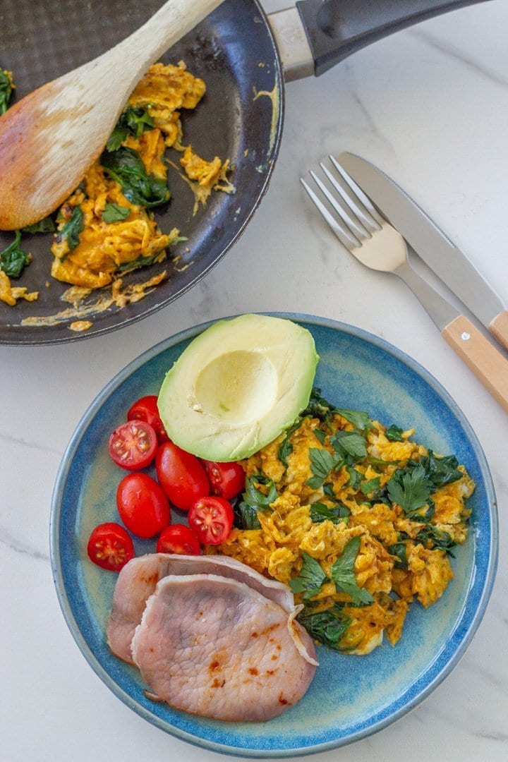 Breakfast plate with scrambled eggs, bacon, tomato and avocado. 