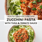 This zucchini pasta with tuna and tomato sauce has become one of my favourite go-to recipes. It is super healthy and takes less than 15 minutes to make. It is perfect for keto, low-carb, paleo and whole30 lifestyles.
