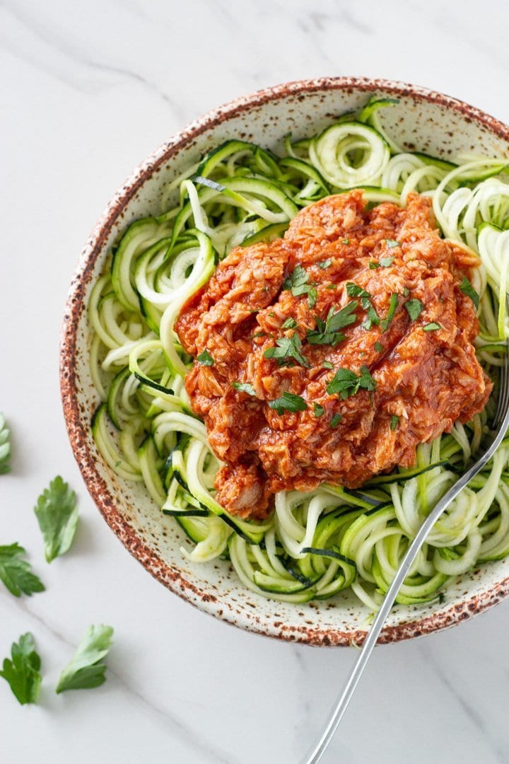 bowl of zucchini pasta with tuna sauce