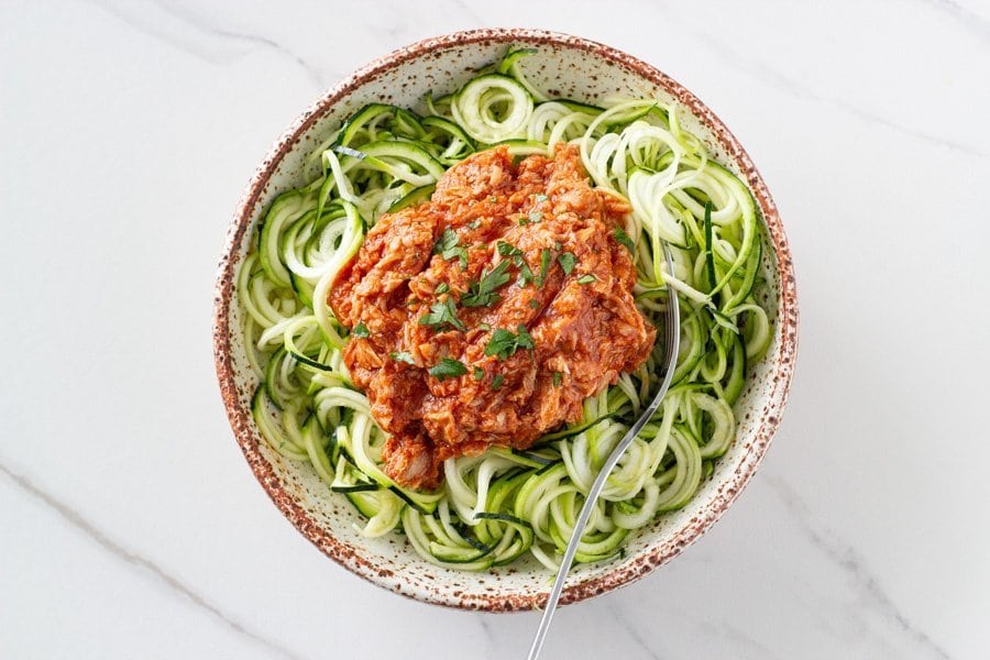 top down view of zucchini pasta with tuna pasta sauce