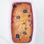 low carb banana and blueberry bread in loaf pan