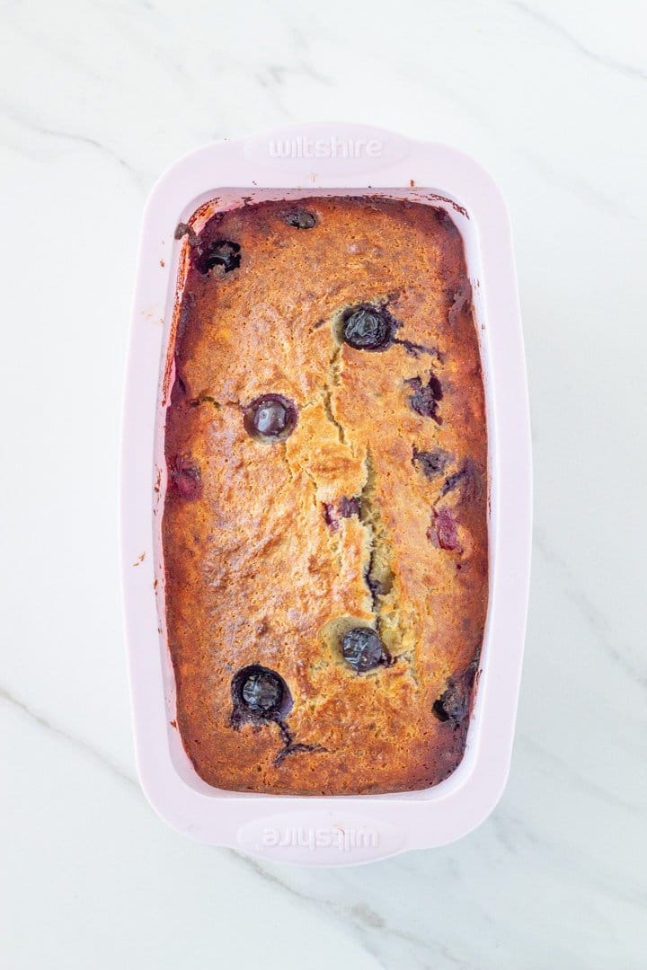 low carb banana and blueberry bread in loaf pan