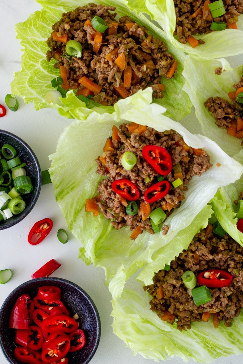 Lettuce filled with the beef mince topped with chillis