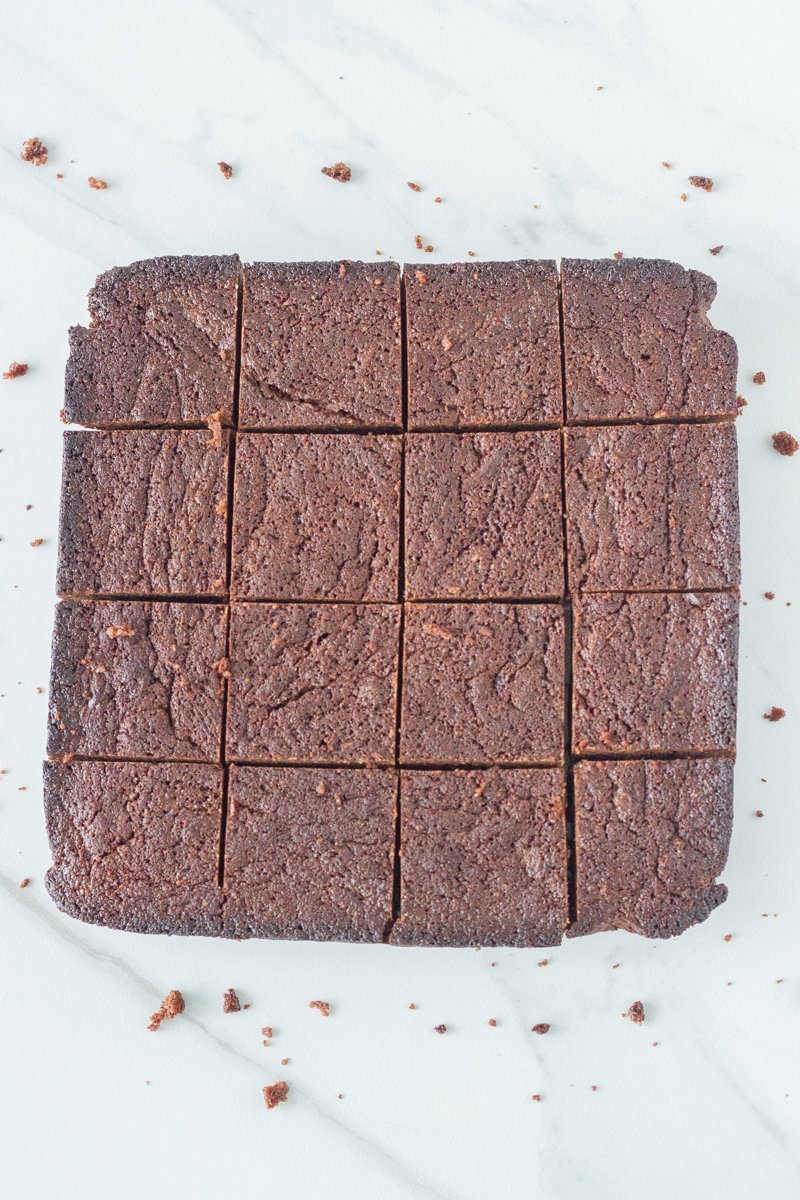 Brownies slab sliced into squares. 