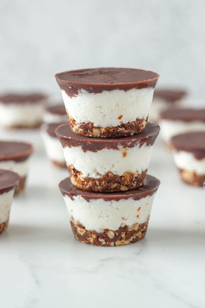 No Bake Bounty Slice Bites These delicious bite-sized raw slices are made with three layers, a chocolate nut base, creamy coconut centre and a raw chocolate layer on top.