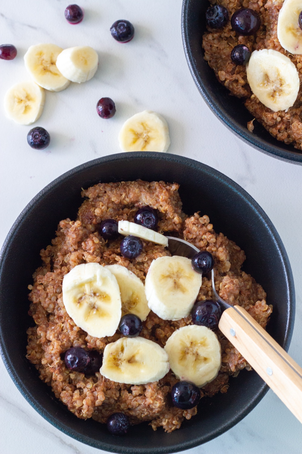 How the Chocolate Banana Quinoa Breakfast Bowl looks when ready to eat.