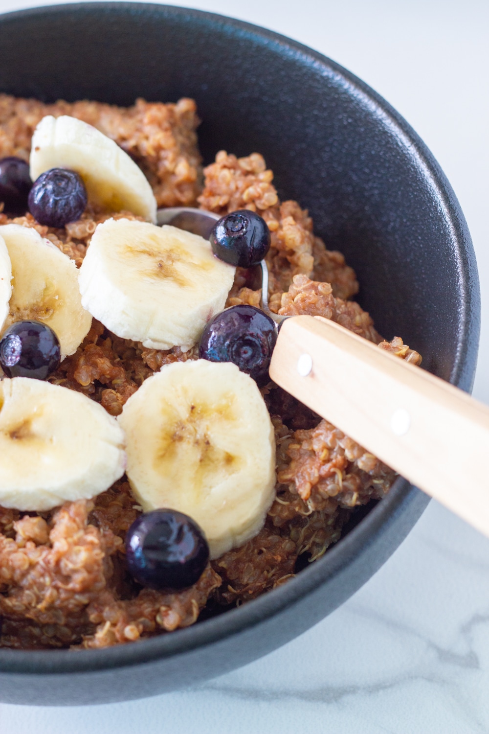 How the Chocolate Banana Quinoa Breakfast Bowl looks when ready to eat.