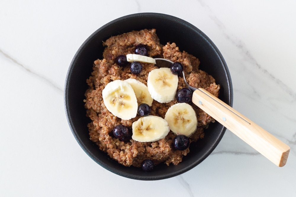 How the Chocolate Banana Quinoa Breakfast Bowl looks when ready to eat.