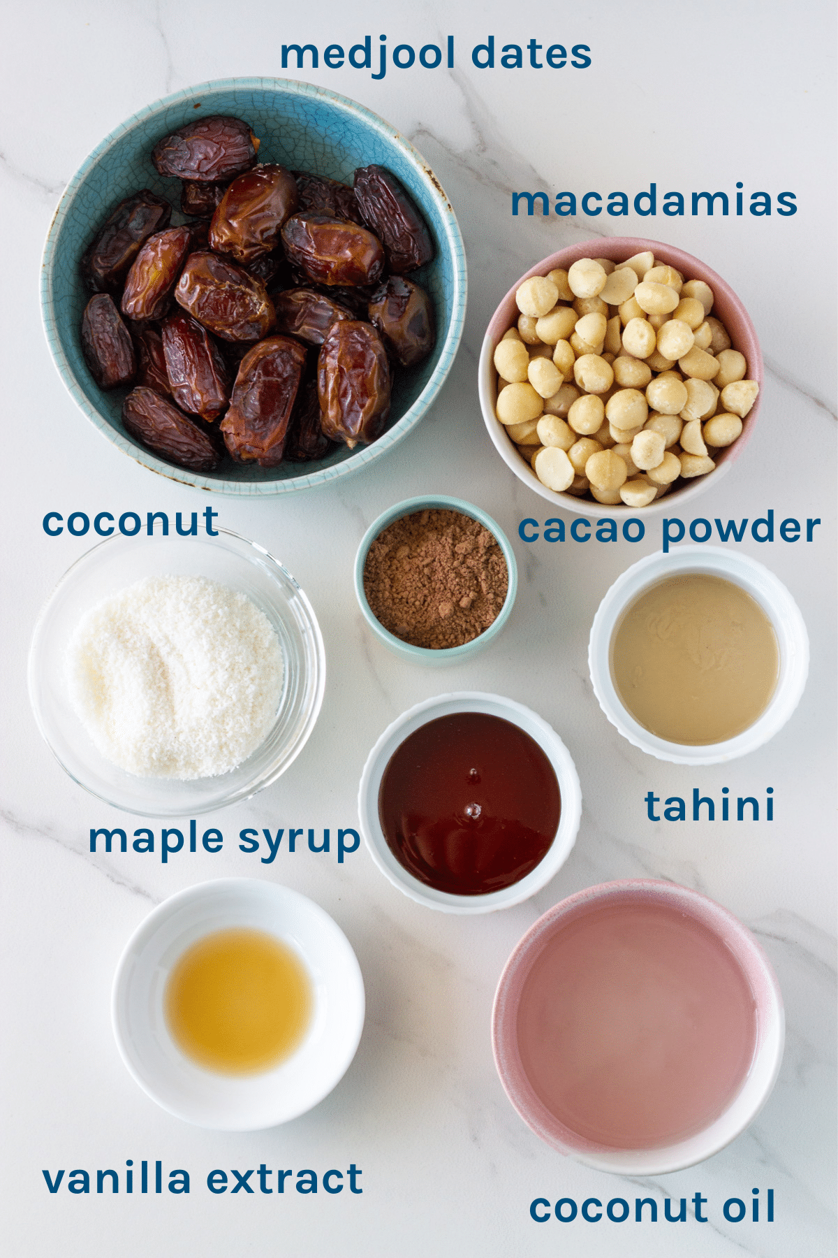 The ingredients you need - medjool dates, macadamias, shredded coconut, cacao powder, maple syrup, tahini, coconut oil and vanilla extract. 