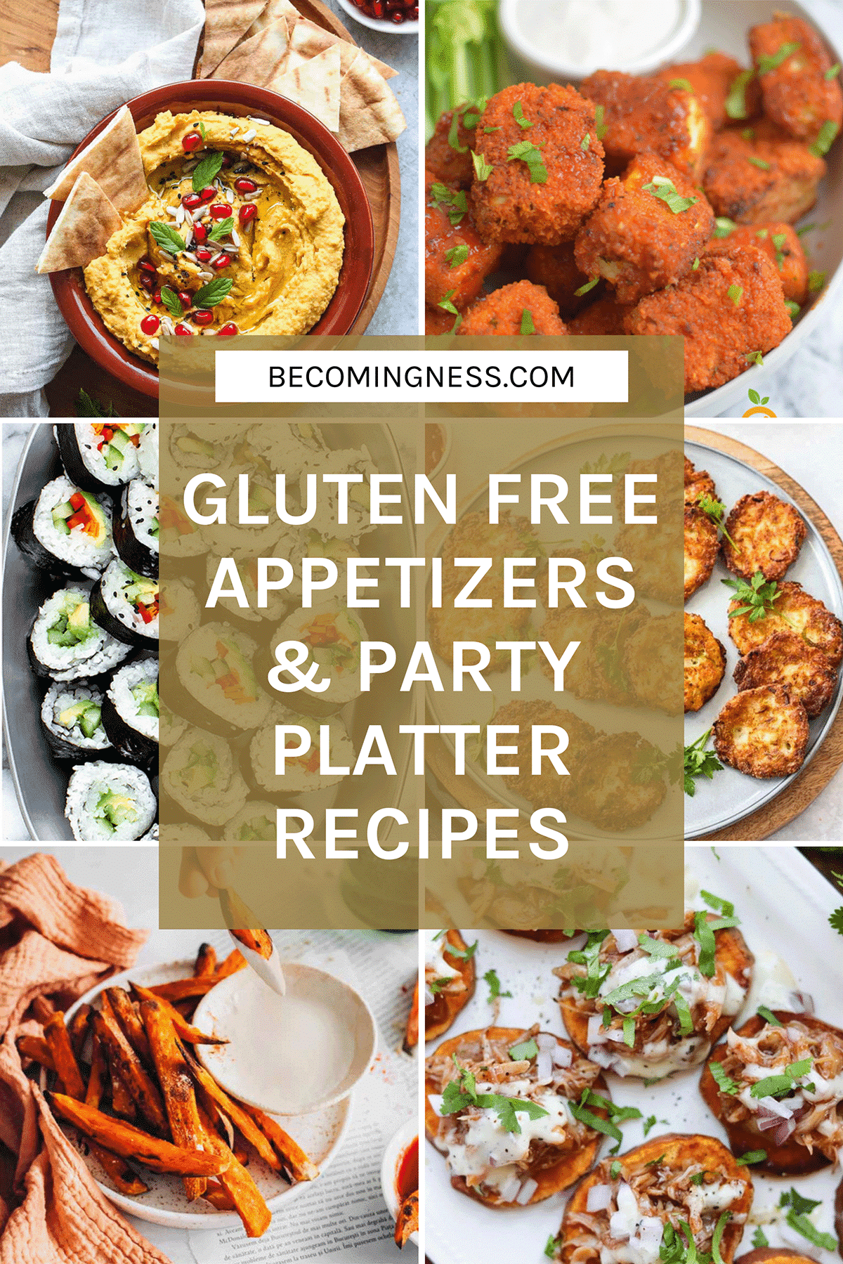 Gluten Free Appetizers and party platter recipes with 6 of the recipes behind the text.