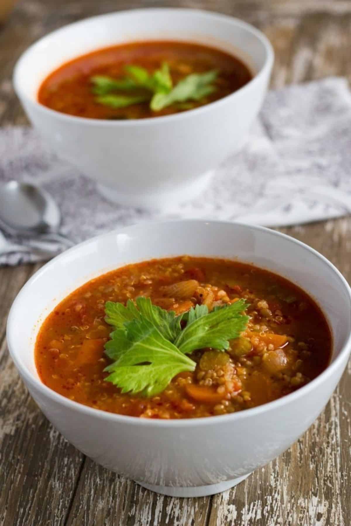 Two bowls of Mediterranean lentil soup.