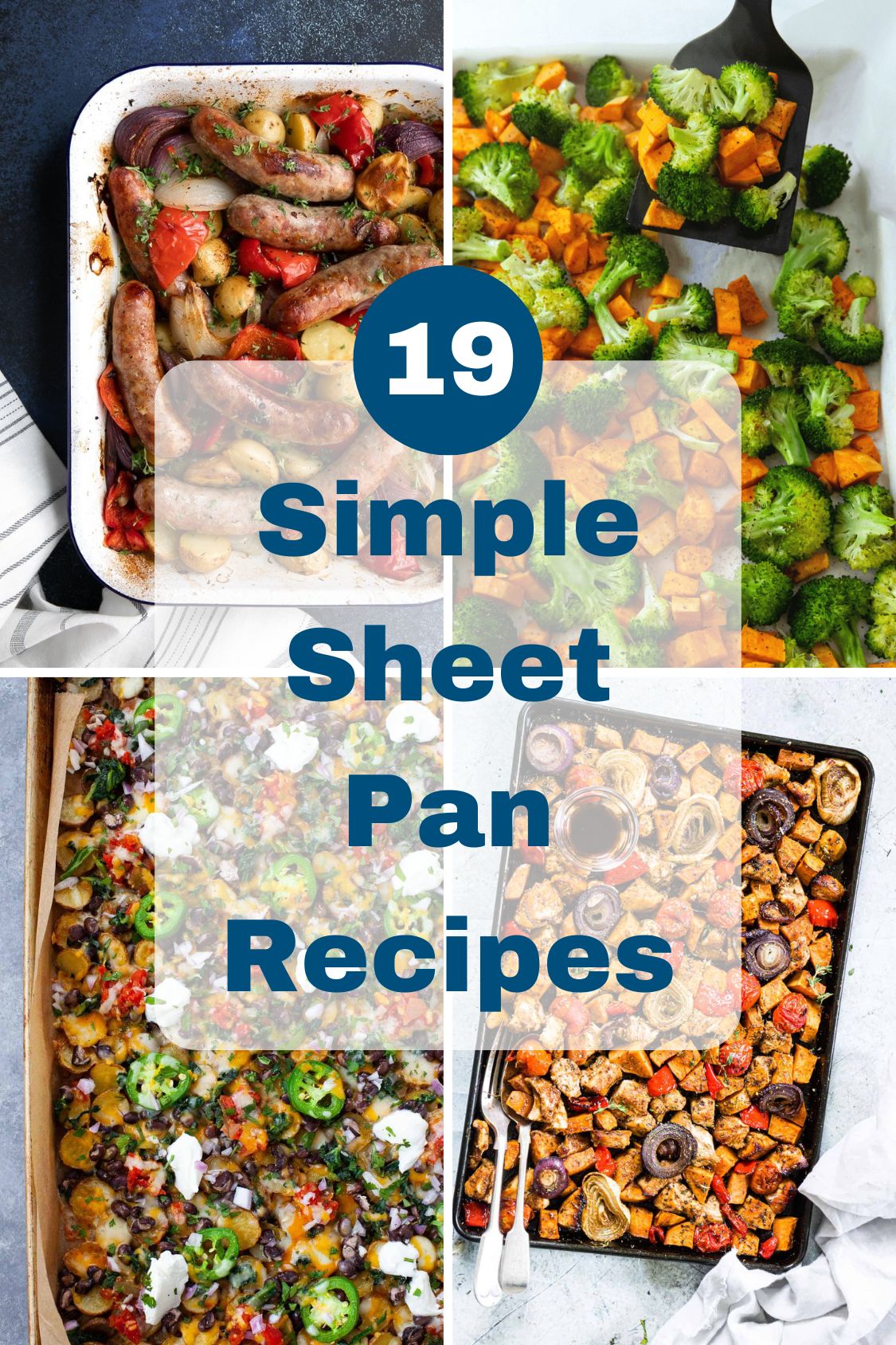 Four sheet pan recipes with text overlay